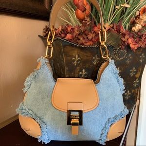 BANCROFT MEDIUM FRAYED DENIM SHOULDER BAG